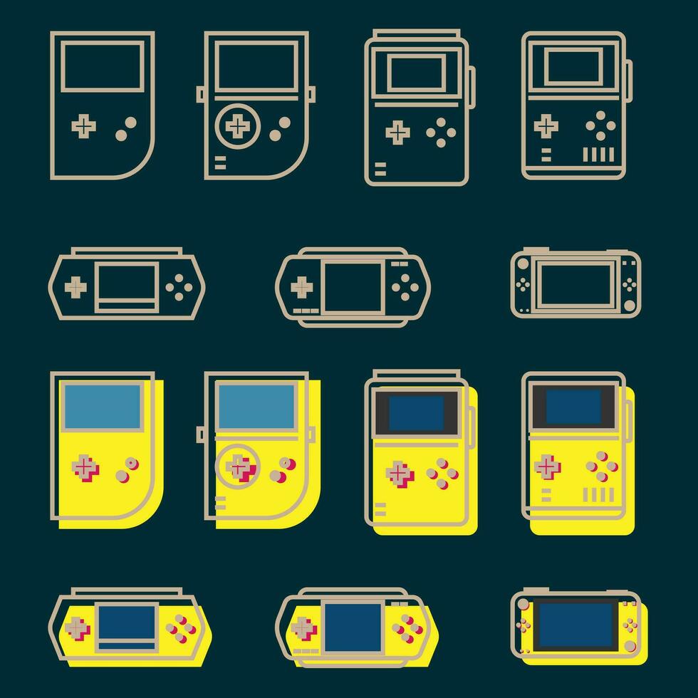 Set of vintage video game console icons. Flat style vector illustration.