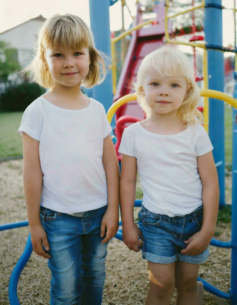 AI generated Cute little blonde children in a white T-shirt and blue jeans is playing on the playground photo