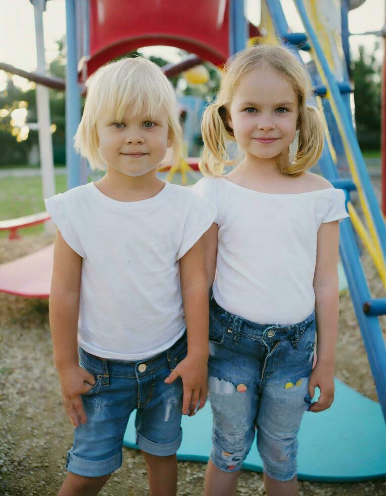 ai generado linda pequeño rubia niños en un blanco camiseta y azul pantalones es jugando en el patio de recreo foto