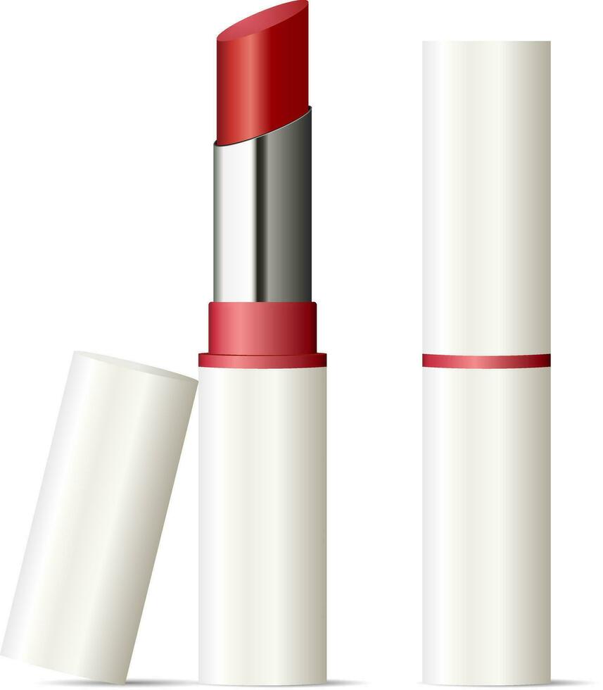 de moda lápiz labial burlarse de arriba colocar. maquillaje cosmético anuncios vector ilustración. sexy rojo color.