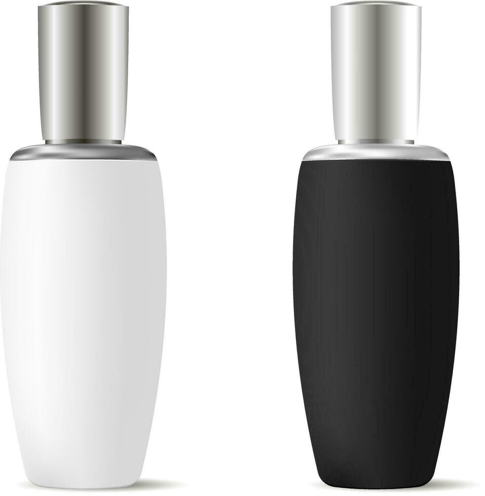 Black and white bottles for cosmetics with silver caps. High quality design product mockup template. Vector 3d illustration for shampoo, lotion, essence.