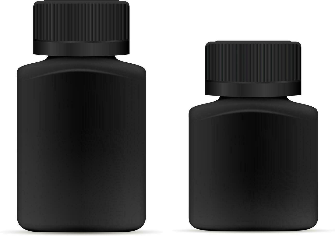 Wide square black blank template of plastic jar with cap for pills. Medicine container for medicament. 3d mockup medical package for tablets, vitamin or drugs. Vector illustration.