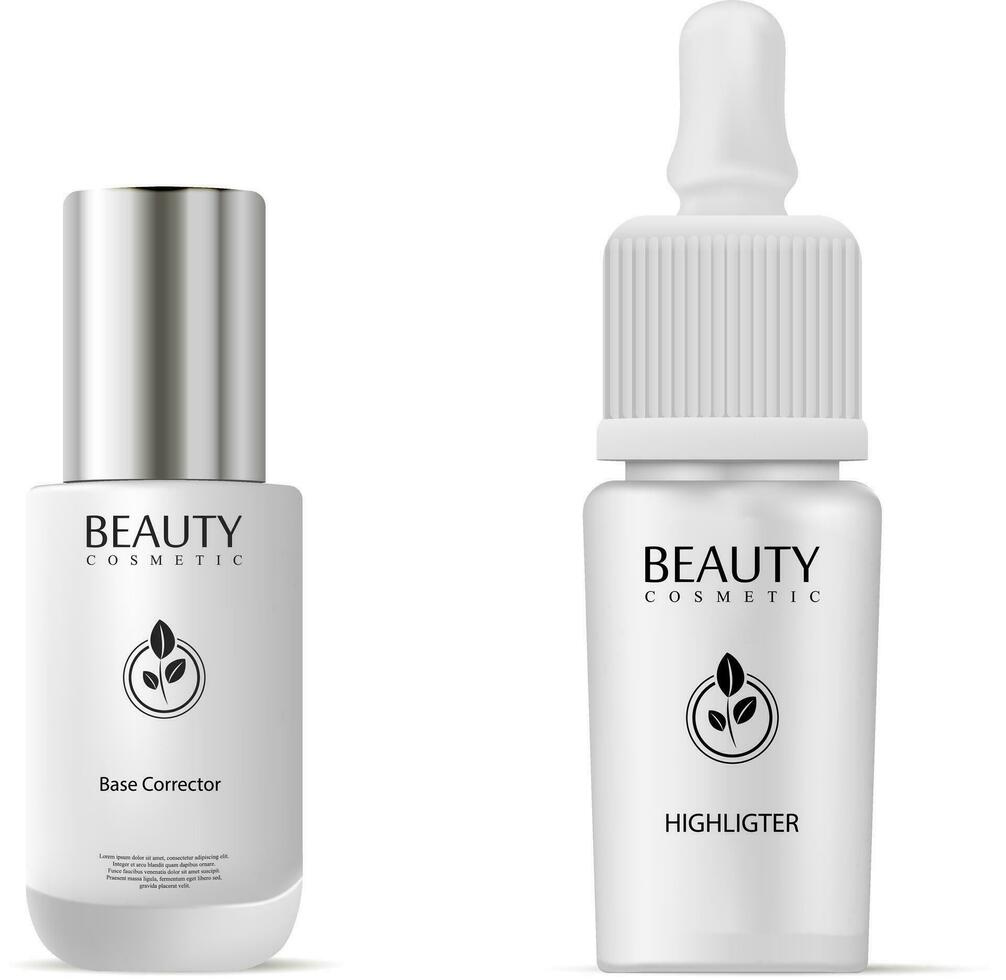 Base corrector and nail polish cosmetic bottle highlighter dropper set. Vector illustration for commercial and branding.