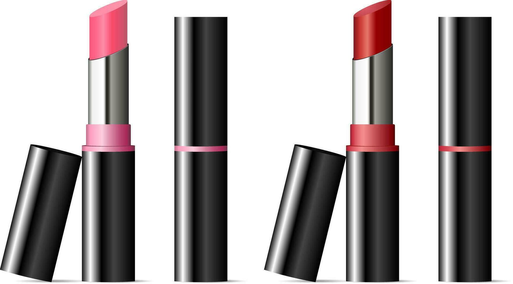 Trendy lipstick mock up set with black caps. Vector illustration. Sexy red and pink color. 3d Makeup cosmetic ads.