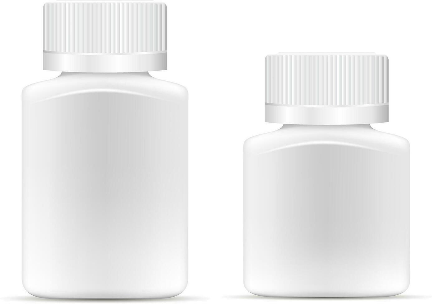 Pharmaceutical wide square drug bottle for pills, capsules. White container mock up. 3d vector illustration.