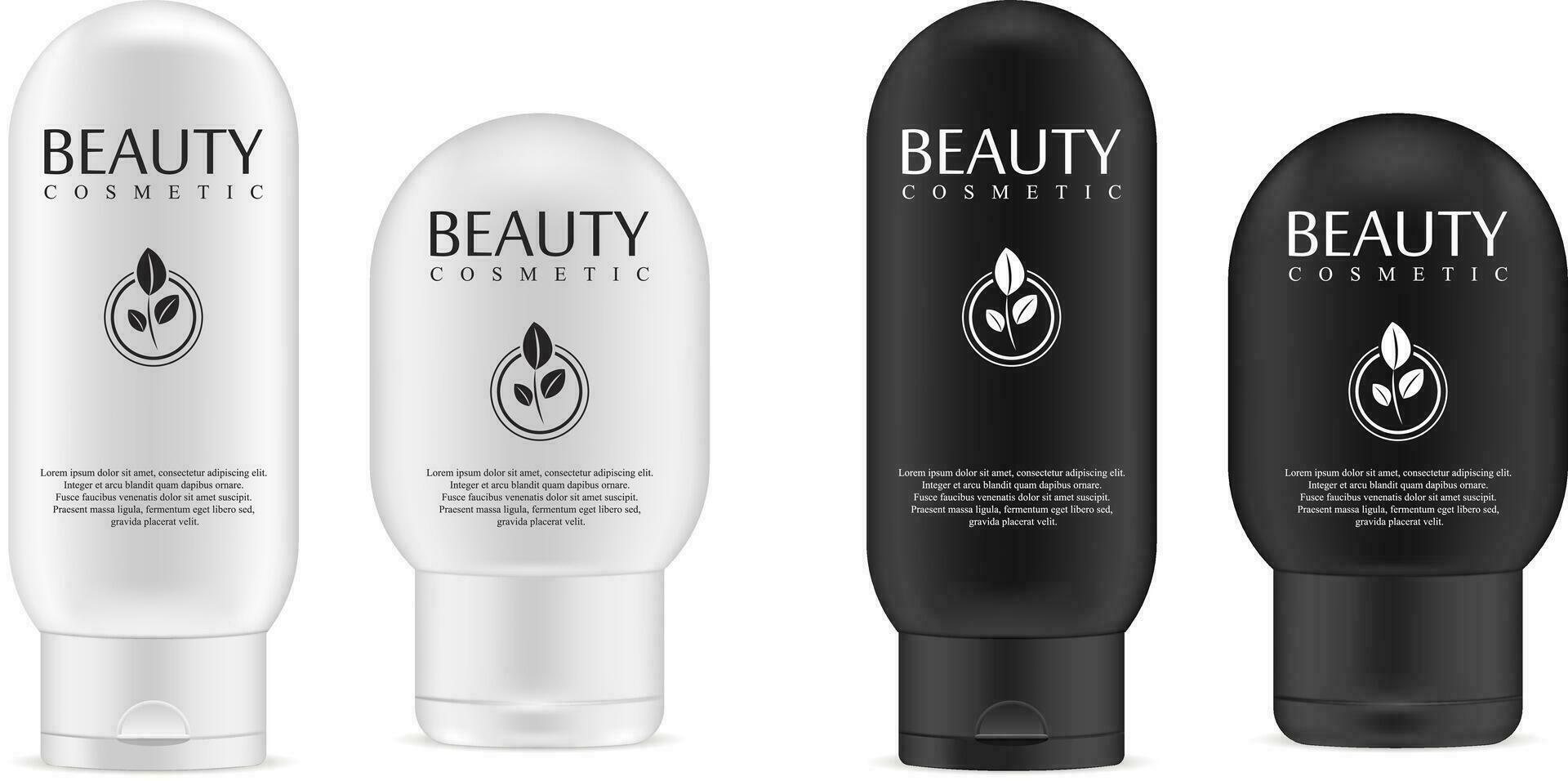Black and white cosmetic bottles set for shampoo, gel, liquid soap, hair mask, oil. Vector illustration mockup.