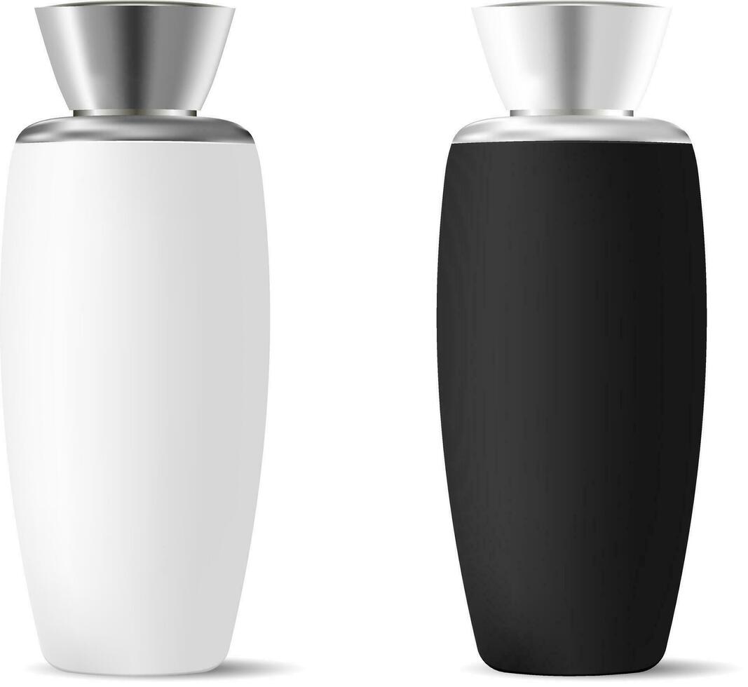 Shampoo cosmetic bottle mock up. Glossy black and white bottles set with silver caps. Brand cream, soups, foams, shampoo cosmetics design. HQ EPS10 vector illustration.