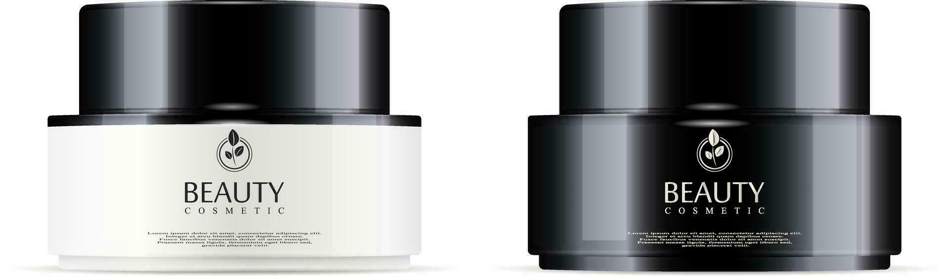 Jars set for cosmetics or medicine cream, salt, ointment, powder, with white base and black lid. Cosmetics packaging mockup. HQ vector illustration.