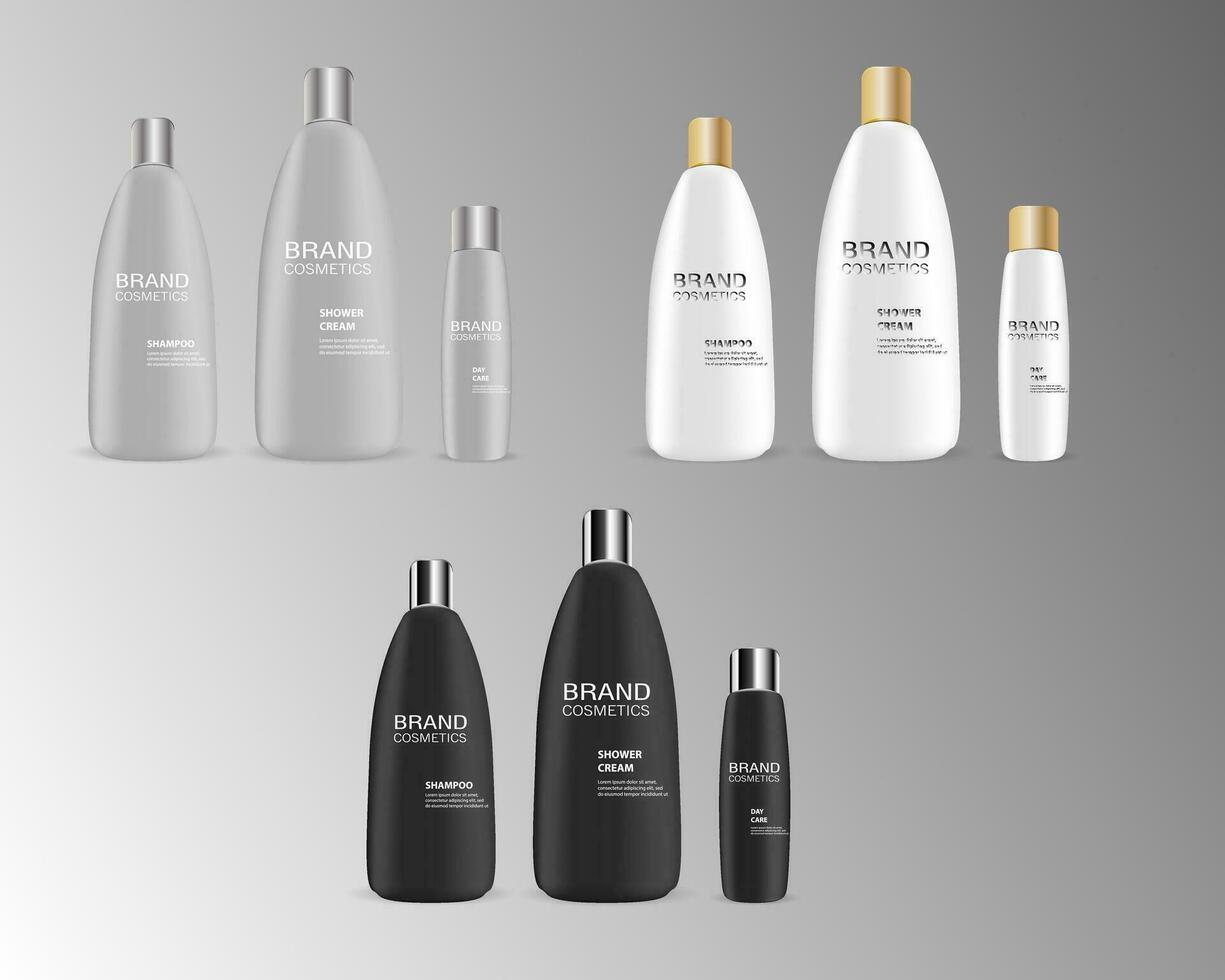 Vector illustration of Brand Cosmetic bottle mock up set packages with different lids isolated on white background.