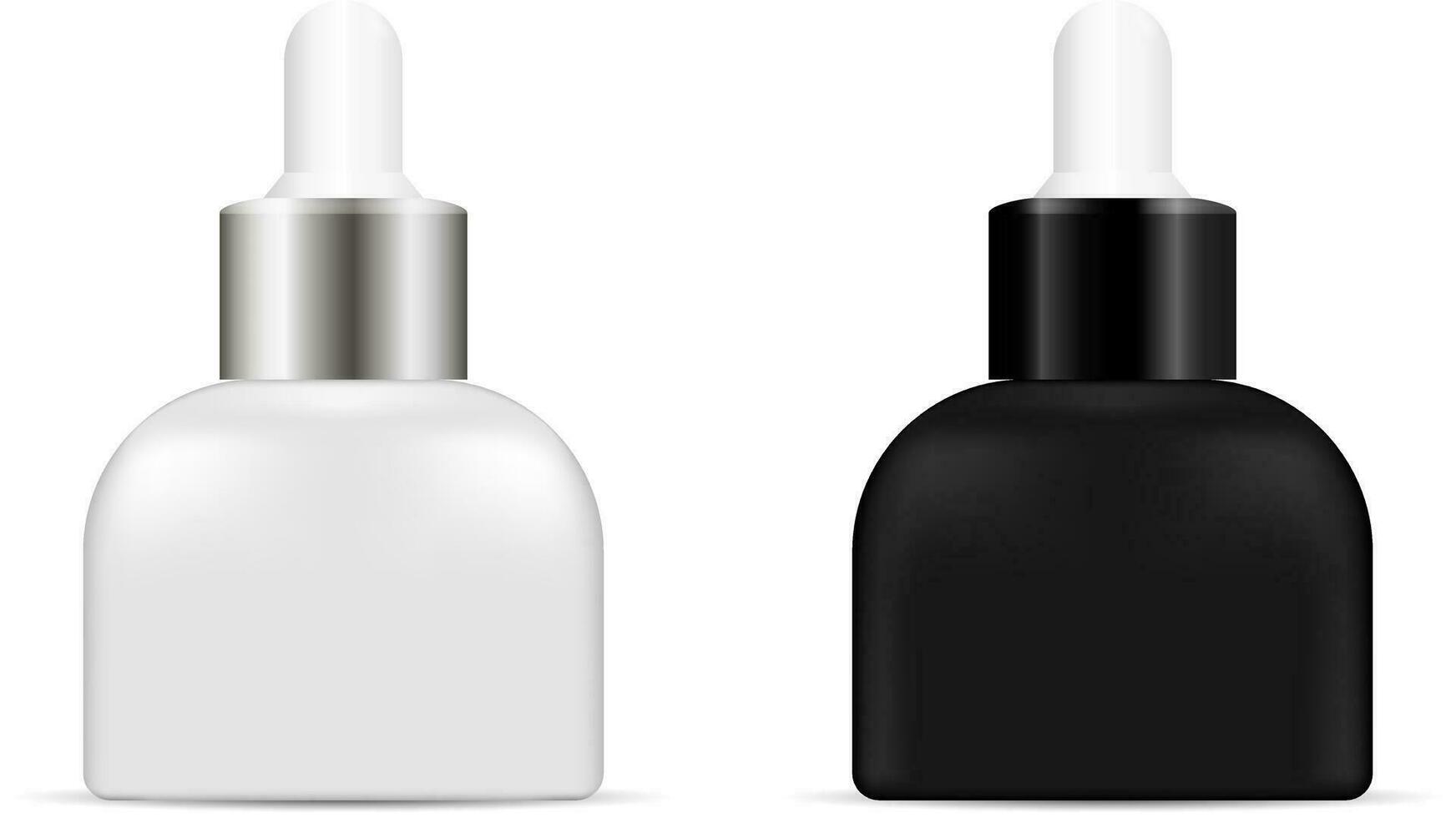 Set of realistic plastic or matt glass bottles with dropper. Cosmetic jar for organic aroma oil, anti-aging essential, collagen serum for beauty. Mock up vector flacons illustration isolated on white.