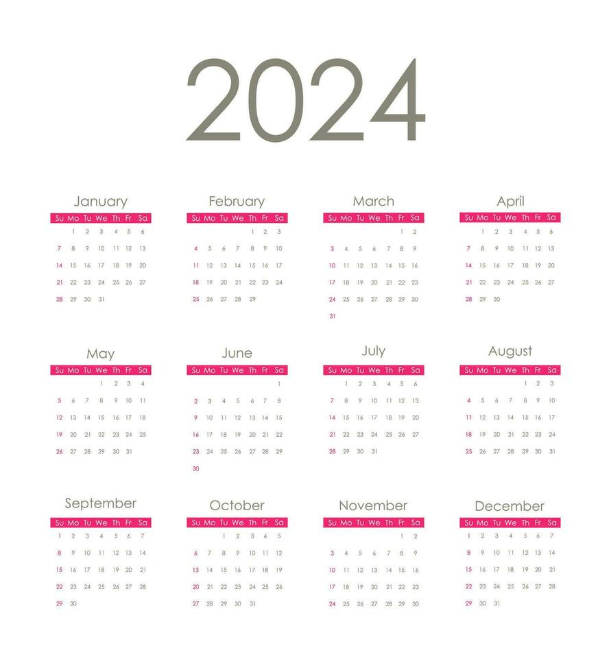 Calendar 2024 red. Week starts on Sunday. Vector design. 34992799