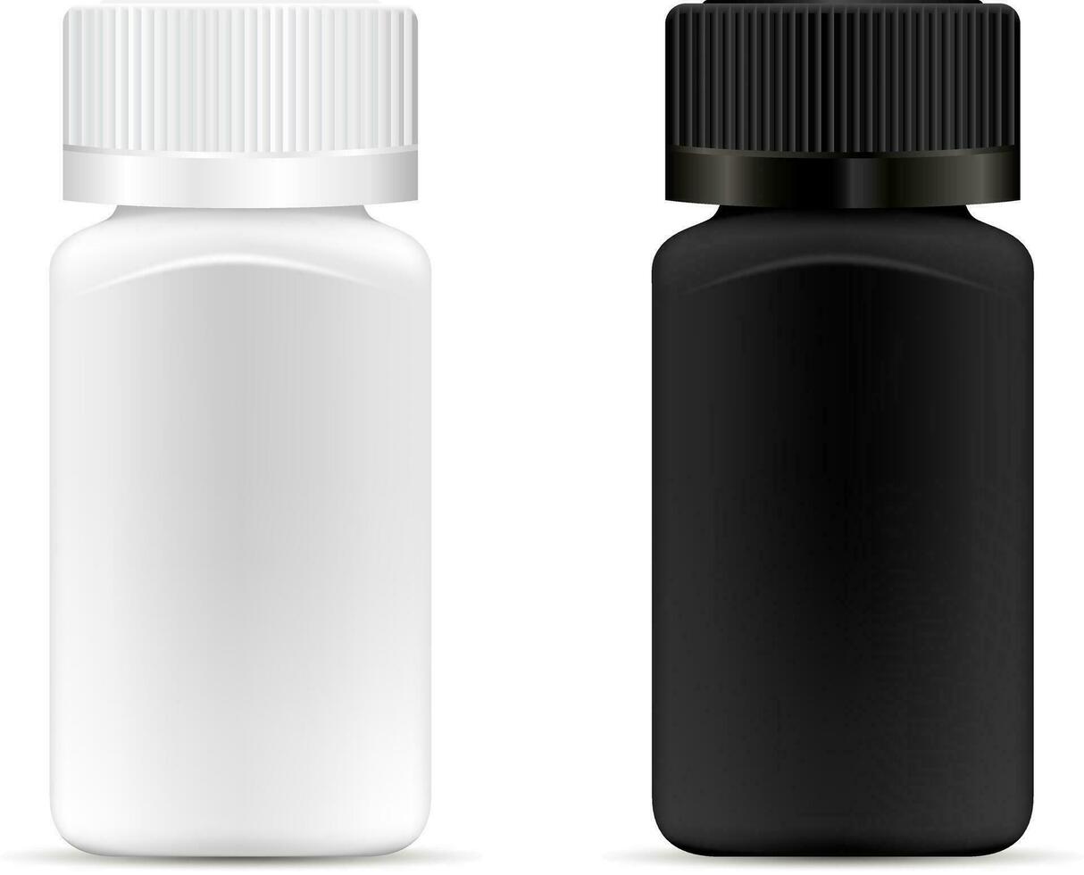 Pills jar. White and black medical container for drugs, diet, nutritional supplements. Vector illustration of square bottle isolated on white background.