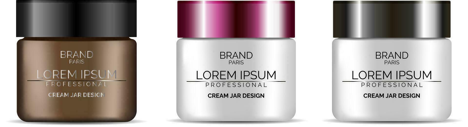 Cosmetic cream jars set. Realistic vector packaging isolated on white background. Skin care product plastic container with lid.