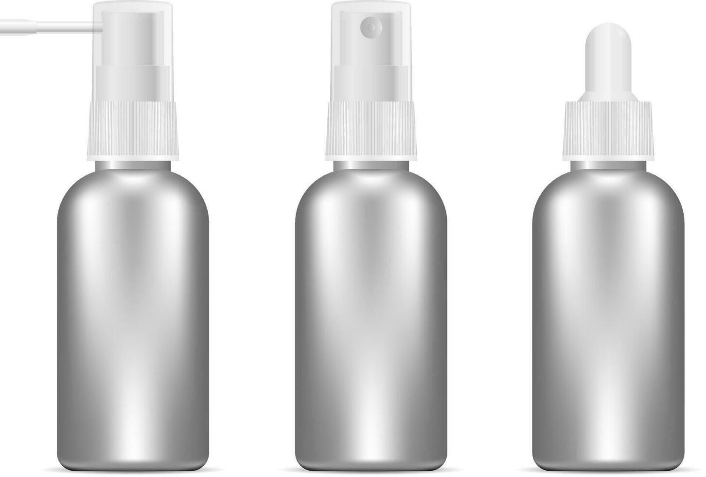 Silver bottles set for cosmetics or medical needs. Sprayer and dropper jars with white caps. vector