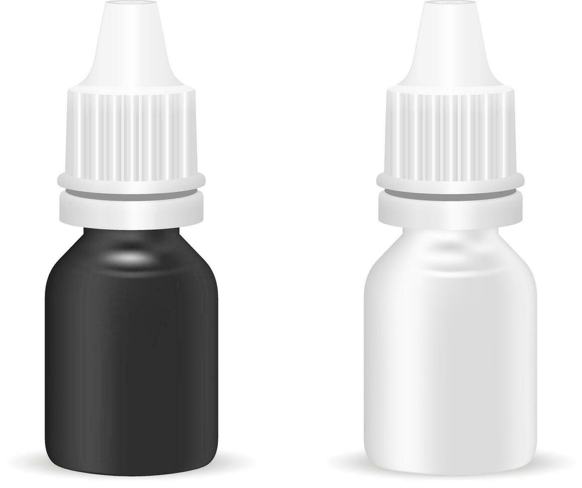 Set of black and white realistic plastic medical bottles with dropper. Pharmacy flask or vials for anti-aging essential, eye or nasal drops. Mock up vector flacons illustration isolated on white.