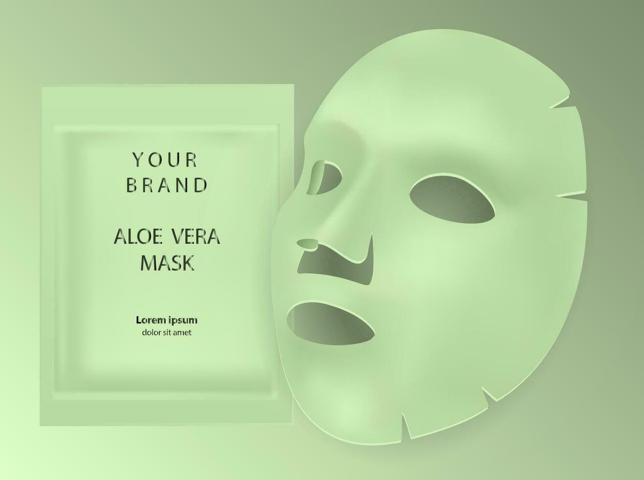 Aloe vera facial mask cosmetics ads. Package design for face mask isolated on grey background. Realistic vector illustration.