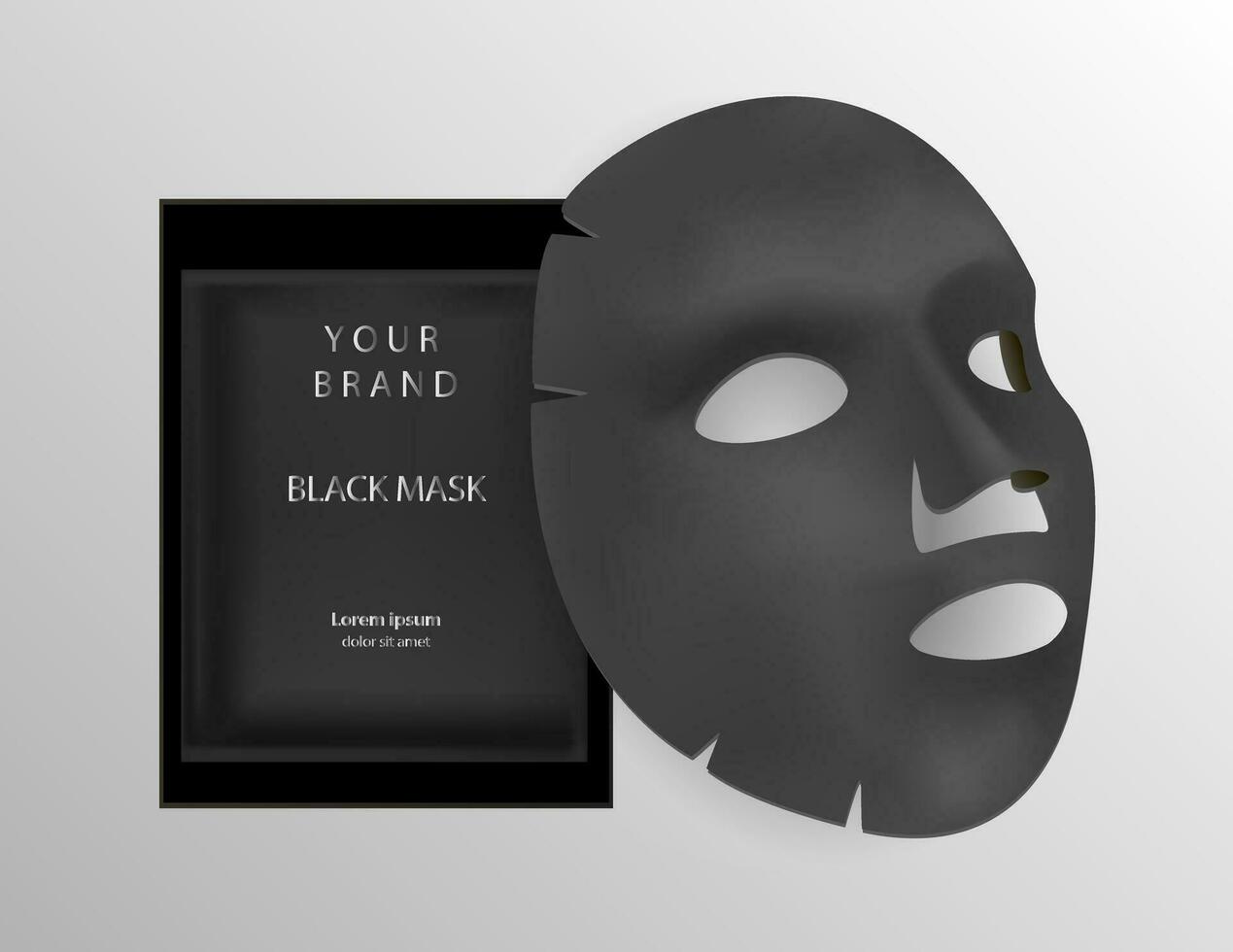 Black facial sheet mask cosmetics ads. 3d Realistic vector illustration. Package design for face mask isolated on background.