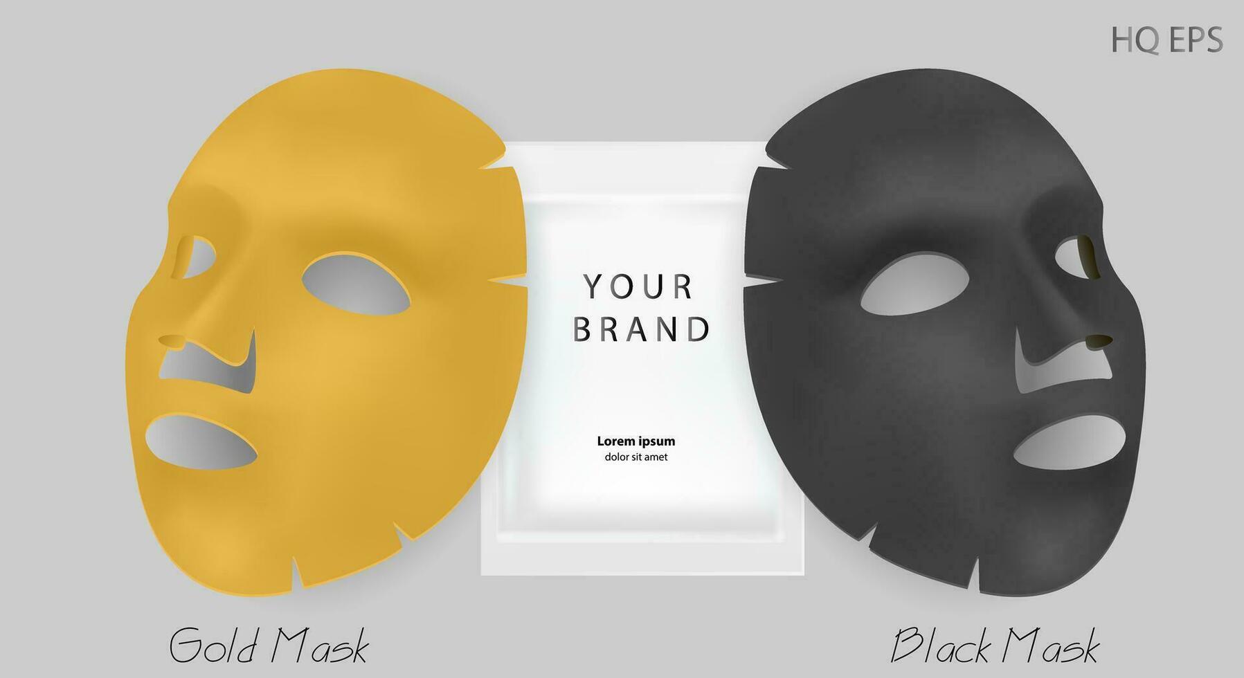 Black and gold facial mask cosmetics ads. Realistic vector illustration. Package design for face mask isolated on grey background.