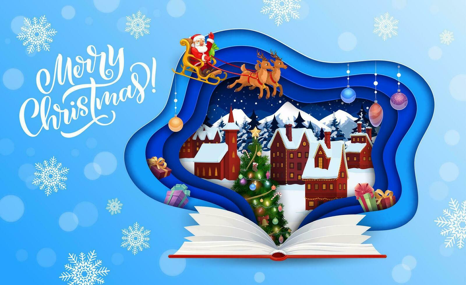 Christmas paper cut book with Santa on sleigh vector