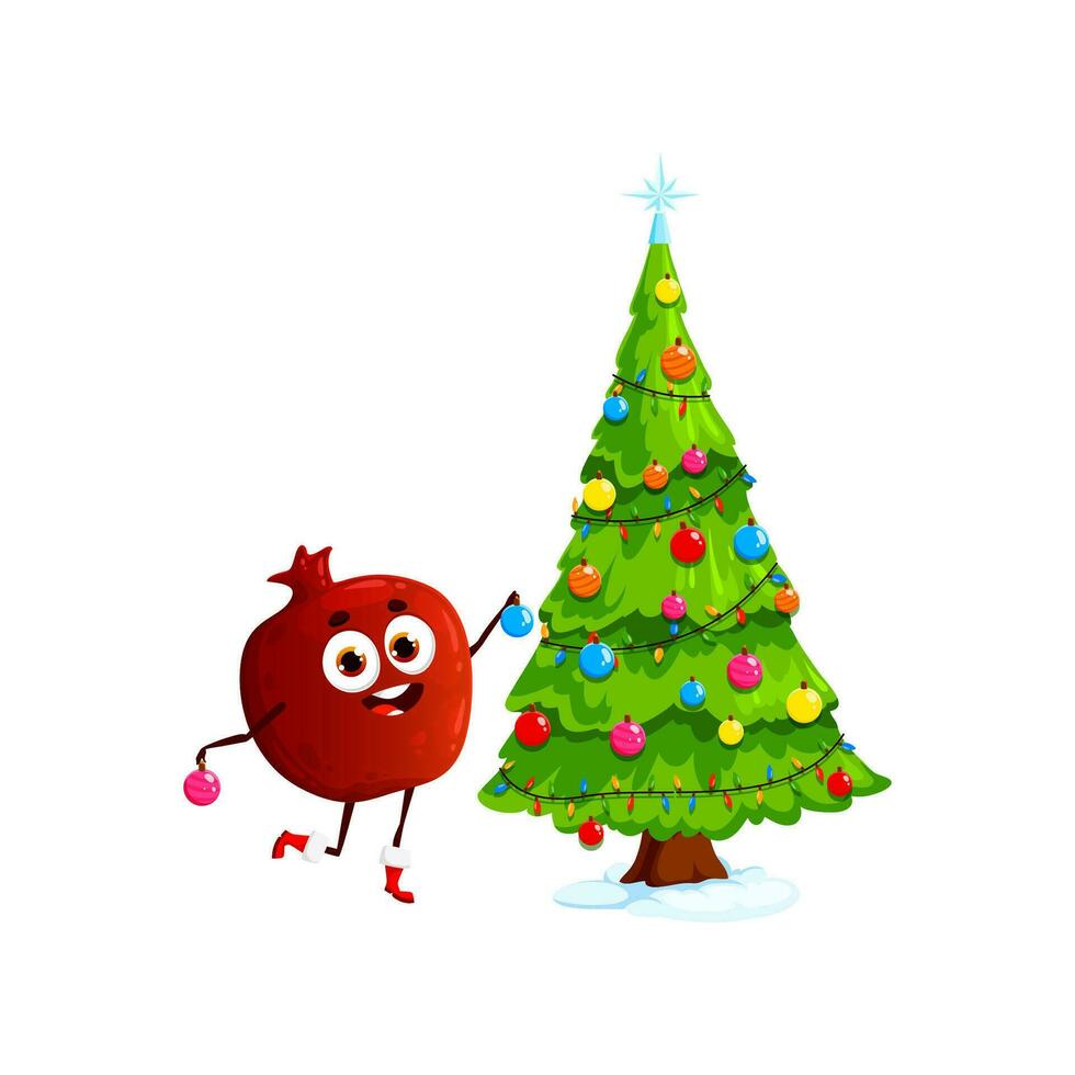 Pomegranate fruit character decorating Xmas tree vector