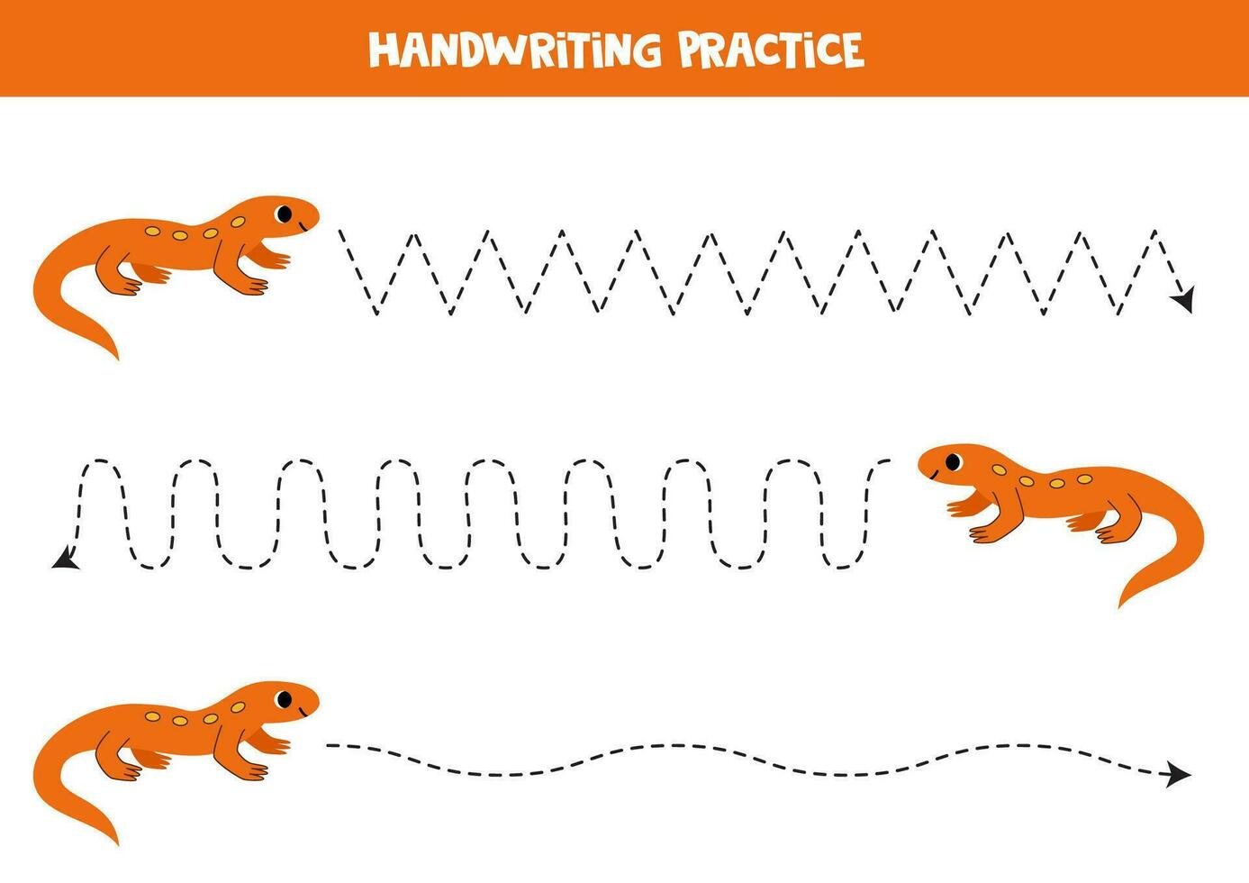 Tracing lines for kids. Cute cartoon newt. Handwriting practice. vector