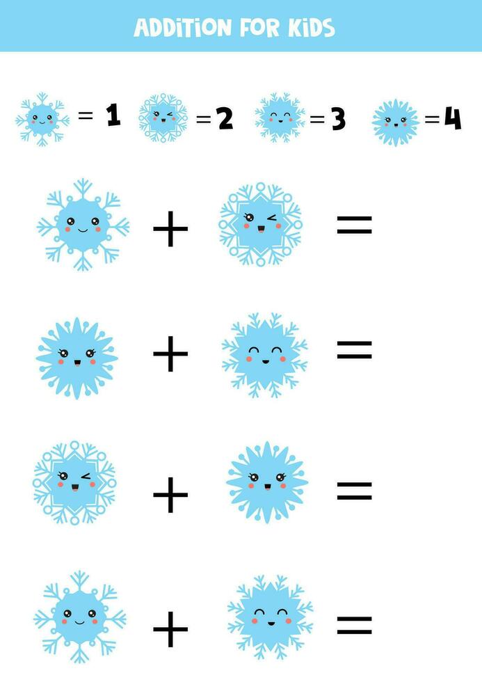 Addition for kids with different cute cartoon blue snowflakes. vector