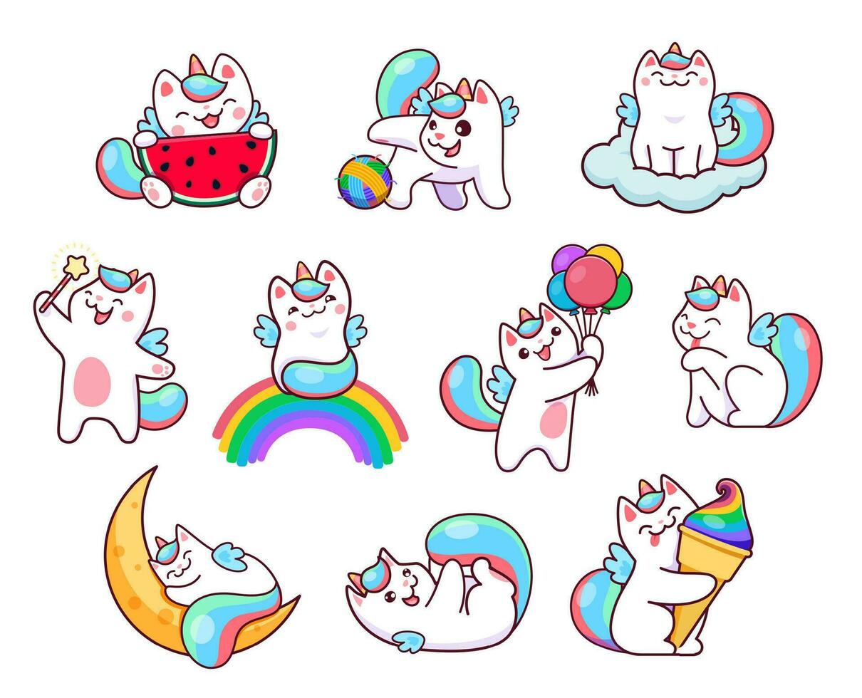 Cartoon cute caticorn characters, unicorn cats set vector