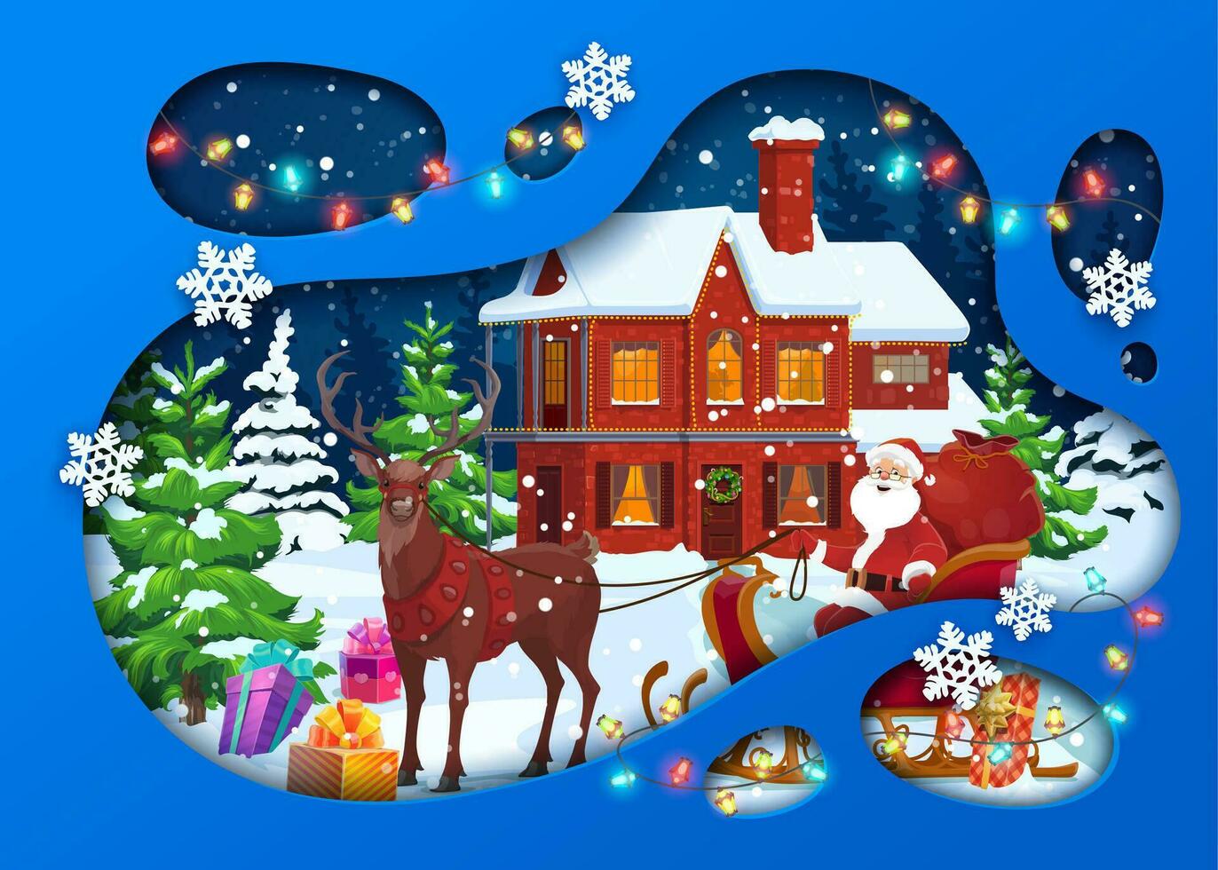 Navidad papel cortar paisaje dibujos animados invierno casa vector