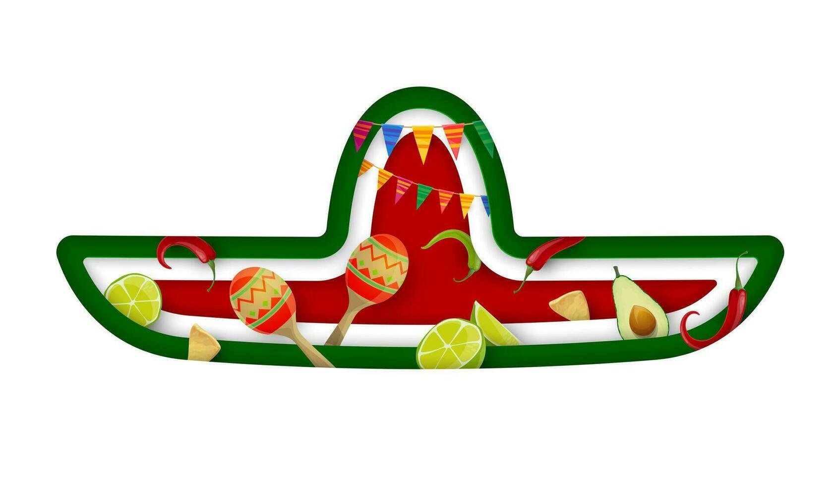 Mexican sombrero on paper cut banner with limes vector