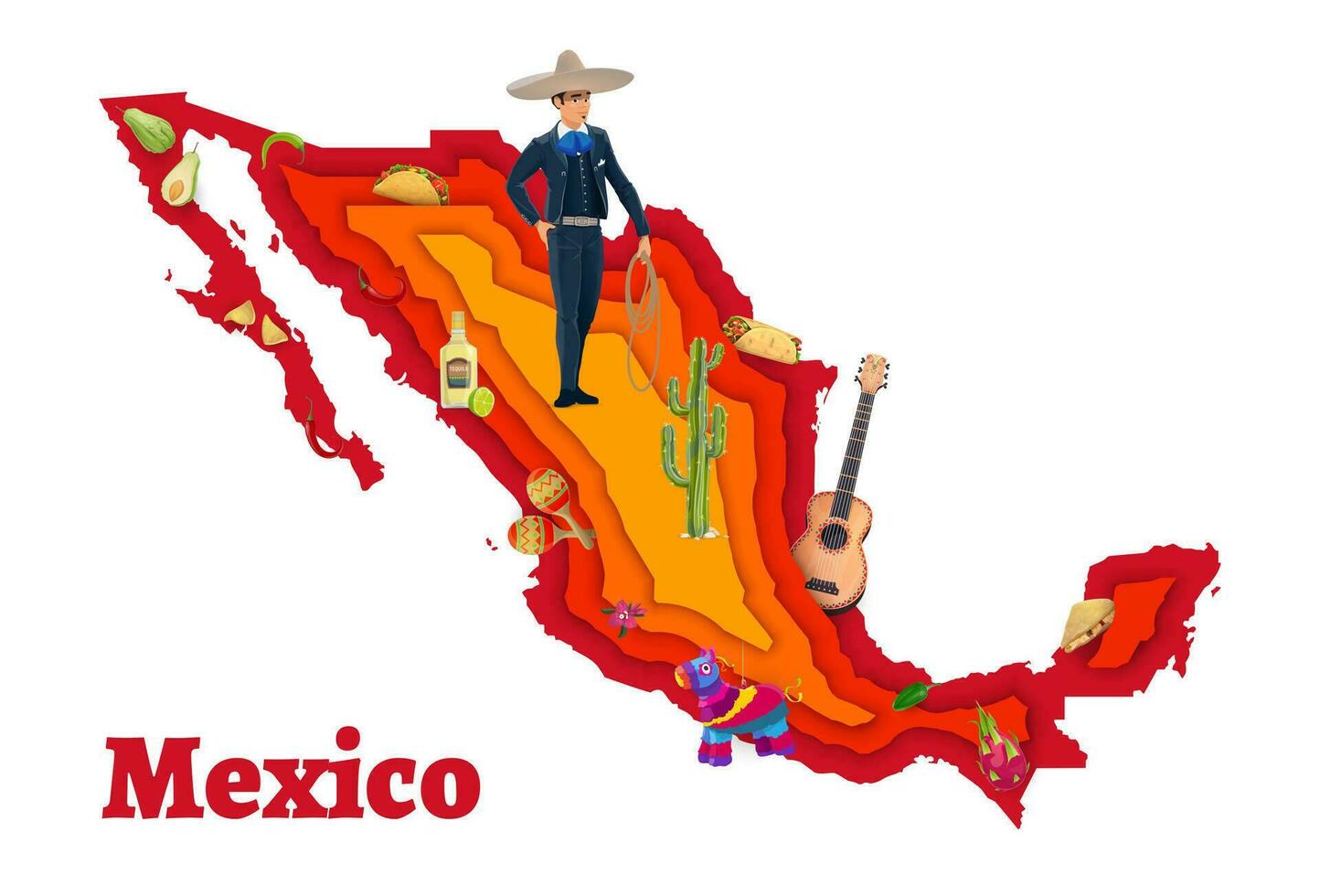 Mexico paper cut map, mexican cowboy, guitar, food vector