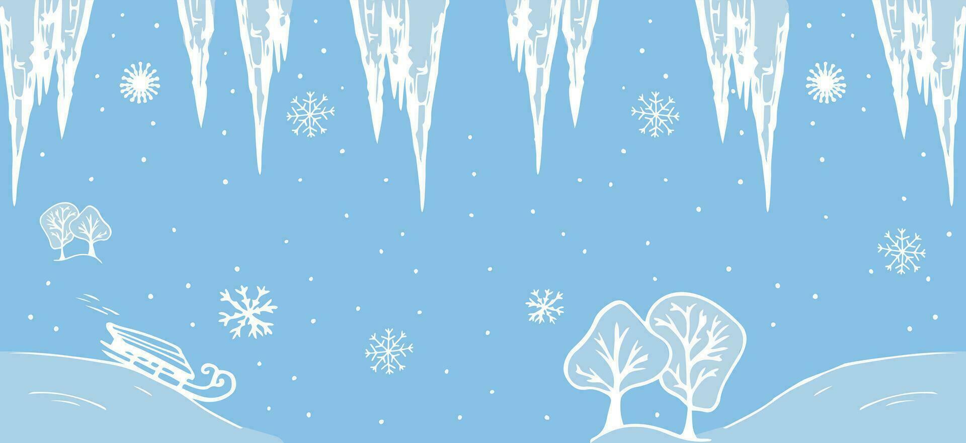 Winter Vector blue horizontal banner. Doodle illustration with sled, icicles, snowflakes, snowfall.