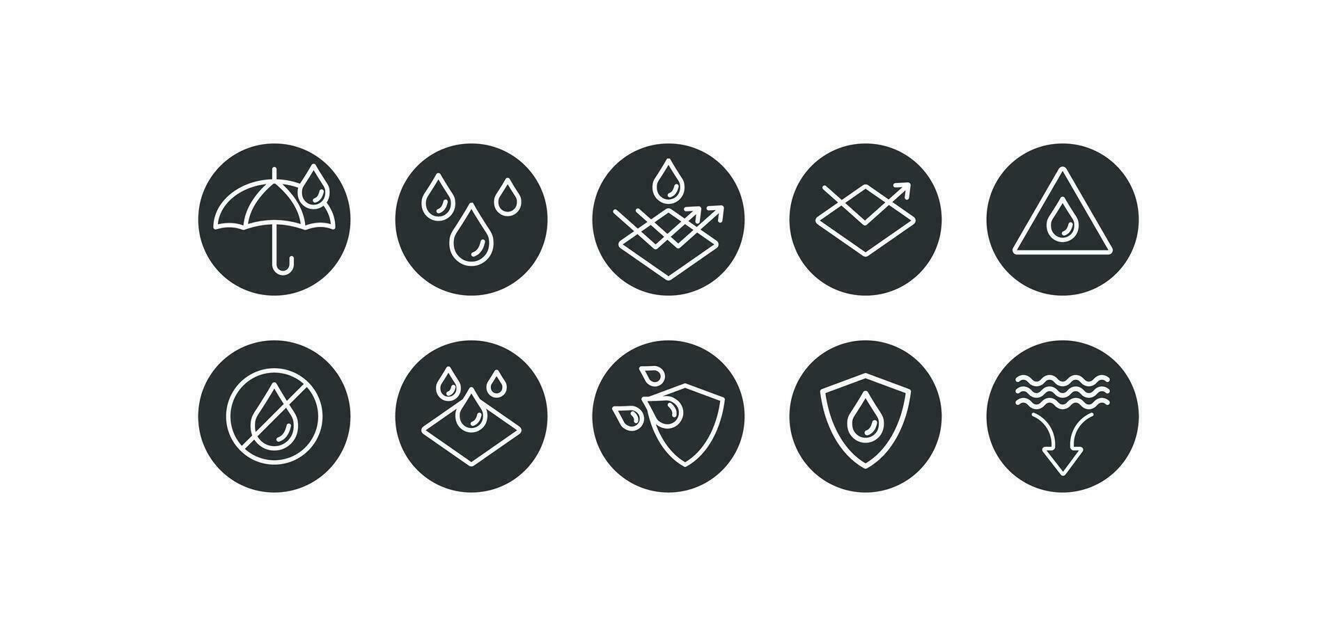 Waterproof related icon set. Protective fabric illustration symbol. Sign label cloth vector