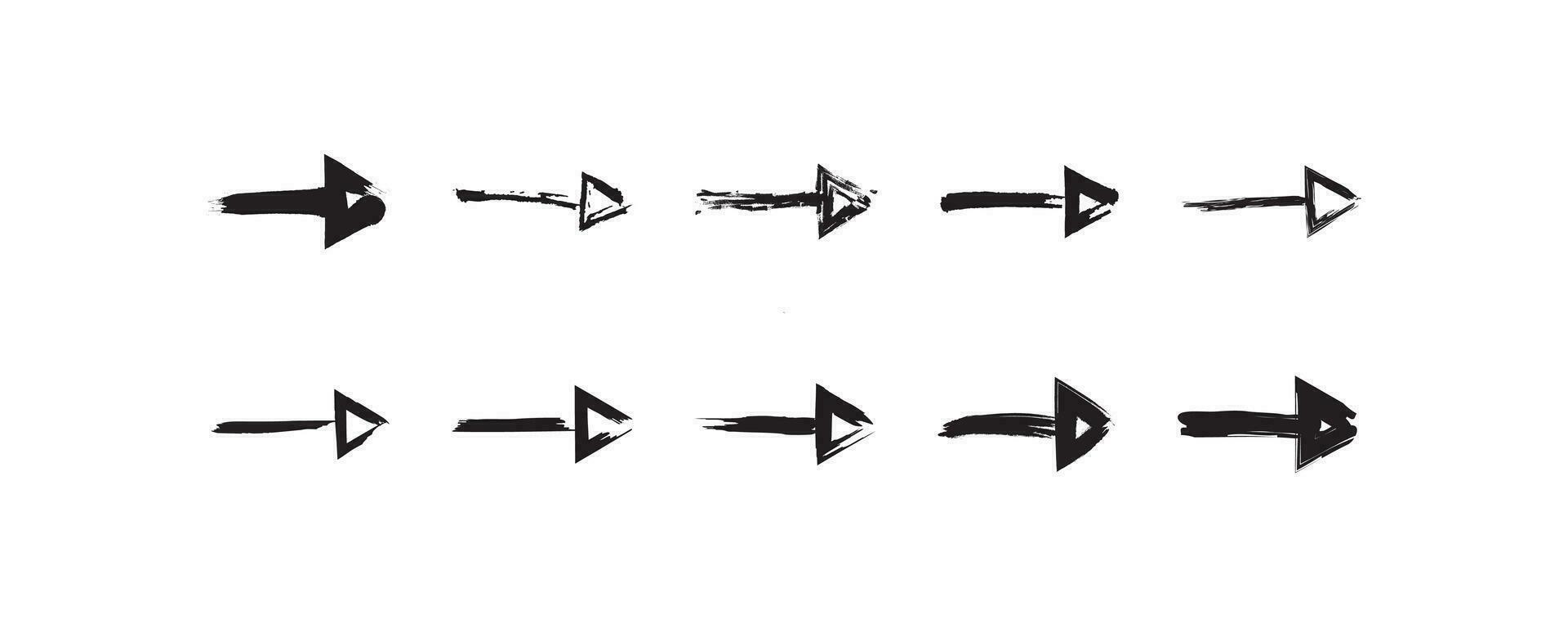 Hand drawn arrows icon set. Brush paint arrow black  illustration symbol. Sign grunge dirt arrow vector