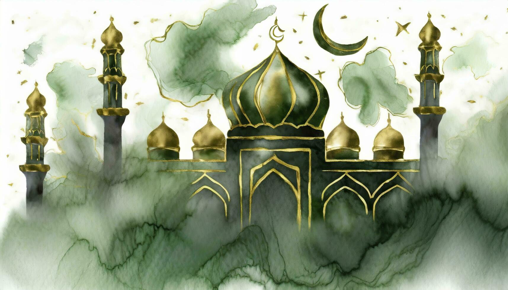 AI generated Ramadan Kareem Mosque Islamic Watercolor Background with Golden Veins and Marble Texture photo