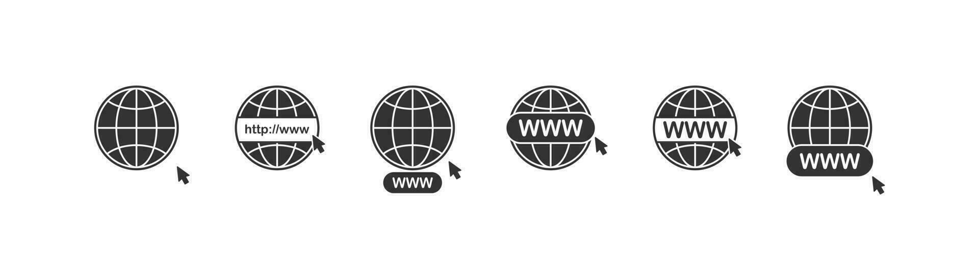 web sitio icono colocar. globo y www, Internet conectando vector