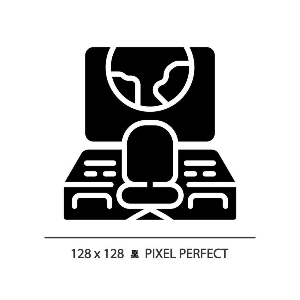 Mission control pixel perfect black glyph icon. Space ship. Spacecraft cabin. Monitoring center. Command post. Silhouette symbol on white space. Solid pictogram. Vector isolated illustration