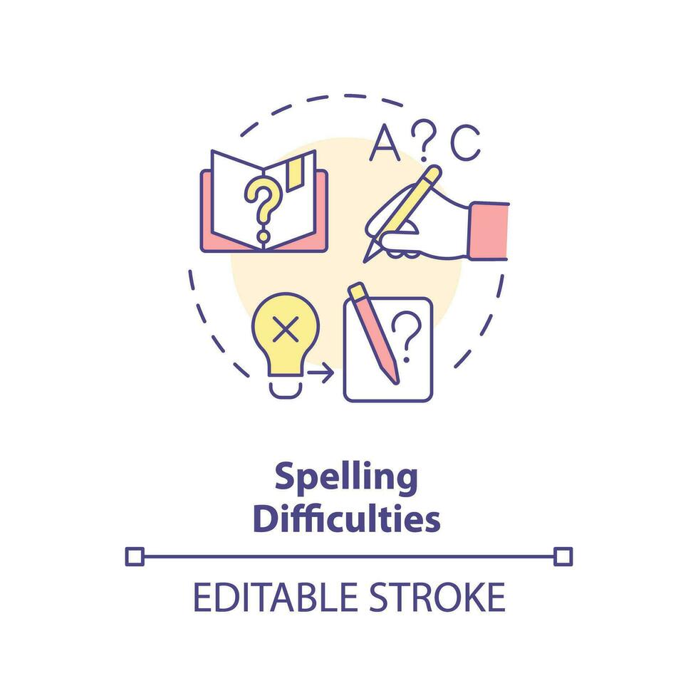 2D editable multicolor icon spelling difficulties concept, simple isolated vector, dyslexia thin line illustration. vector