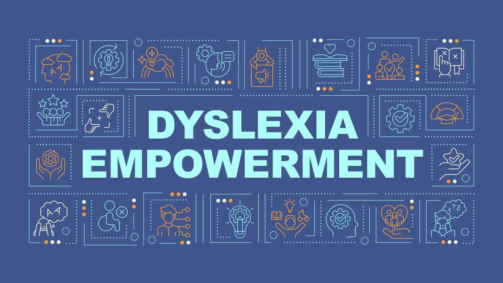 Dyslexia empowerment text with various thin line icons concept on dark blue monochromatic background, editable 2D vector illustration.
