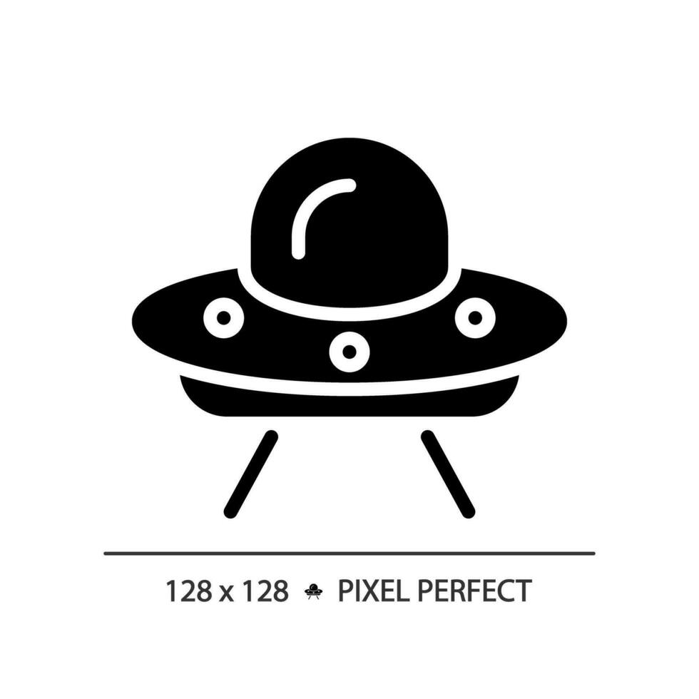 Ufo pixel perfect black glyph icon. Unidentified flying object. Extraterrestrial life. I want to believe. Outer space. Silhouette symbol on white space. Solid pictogram. Vector isolated illustration
