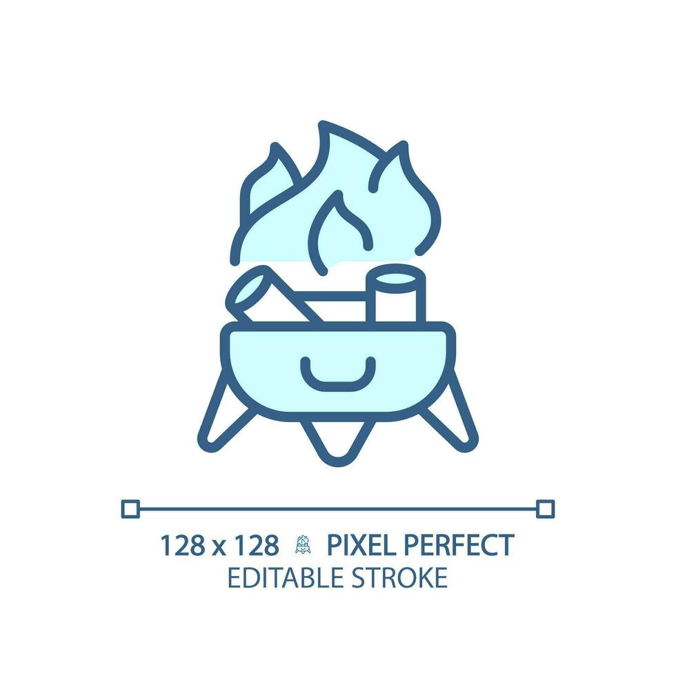 2D pixel perfect blue campfire icon, isolated vector, editable hiking gear thin line illustration. vector