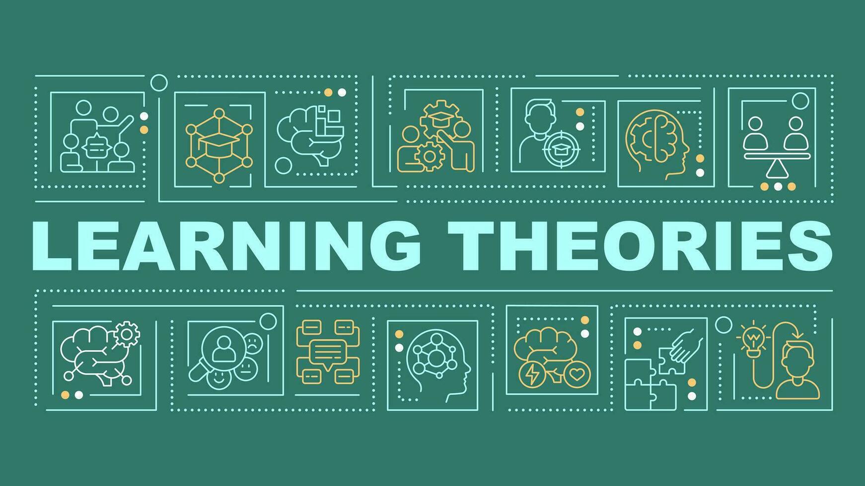 2D learning theories text with various thin line icons concept on dark green monochromatic background, editable 2D vector illustration.