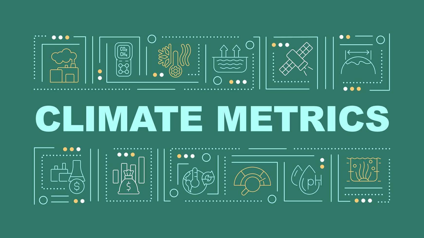 2D climate metrics text with various thin line icons concept on dark green monochromatic background, editable 2D vector illustration.