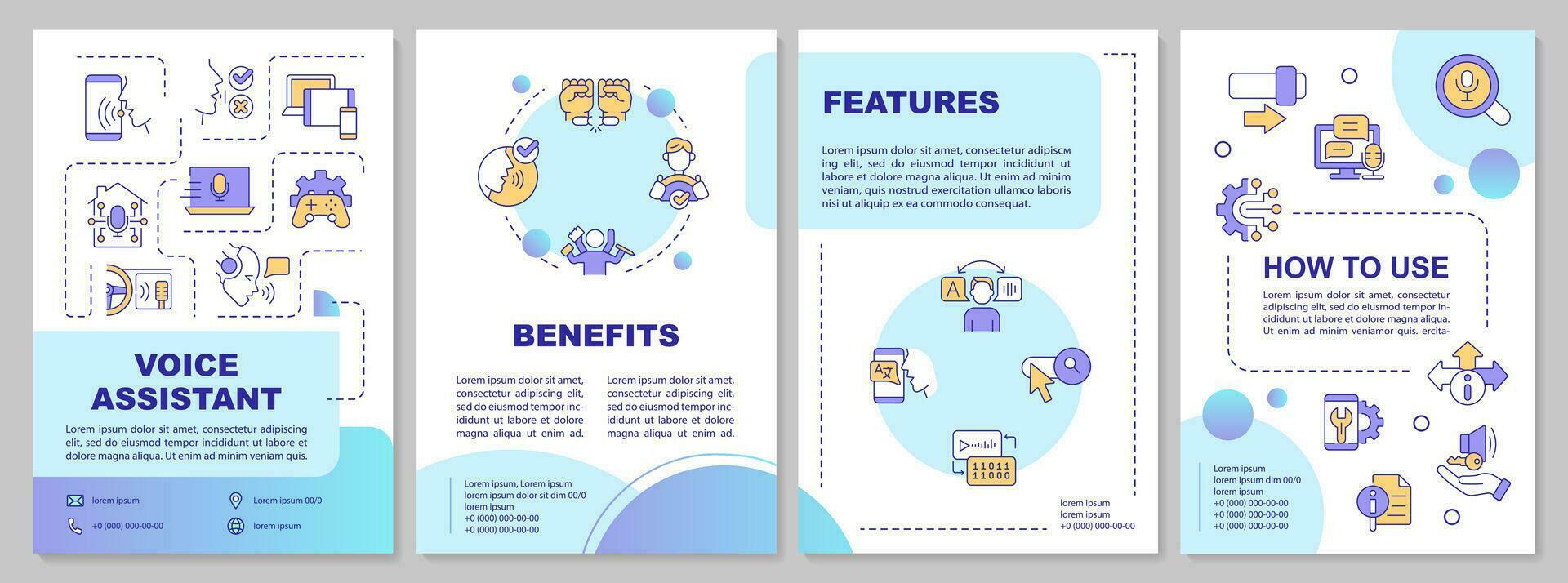 Multicolor voice assistant brochure template, leaflet design with thin linear icons, 4 vector layouts.