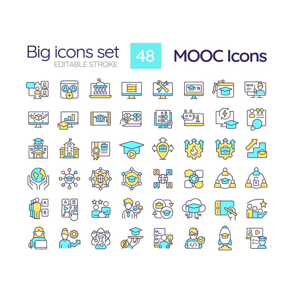 2D editable multicolor big line icons set representing MOOC, isolated vector, linear illustration. vector