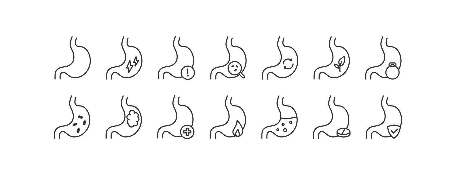 Stomach icon set. Stomach diseases, protein, function and treatment vector