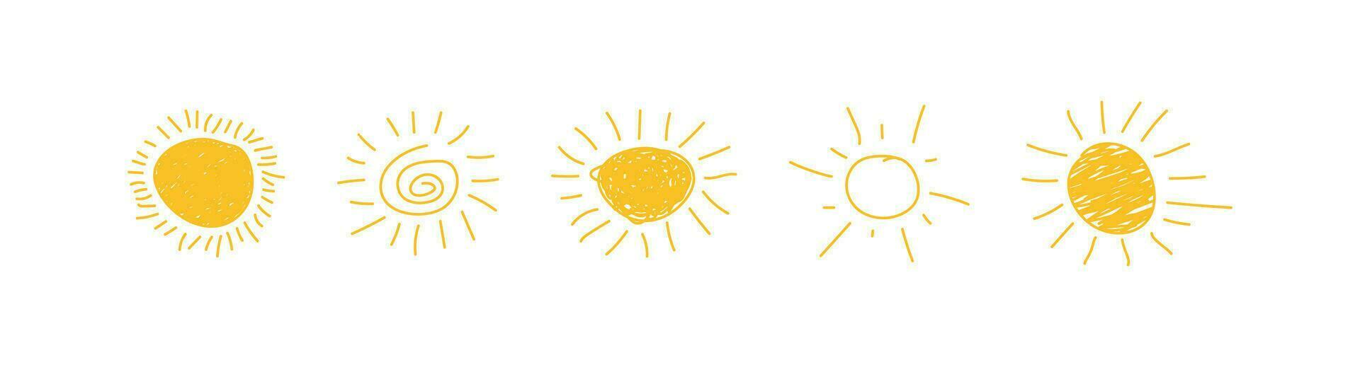 Drawn sun icon set. The sun is drawn by a child's hand vector