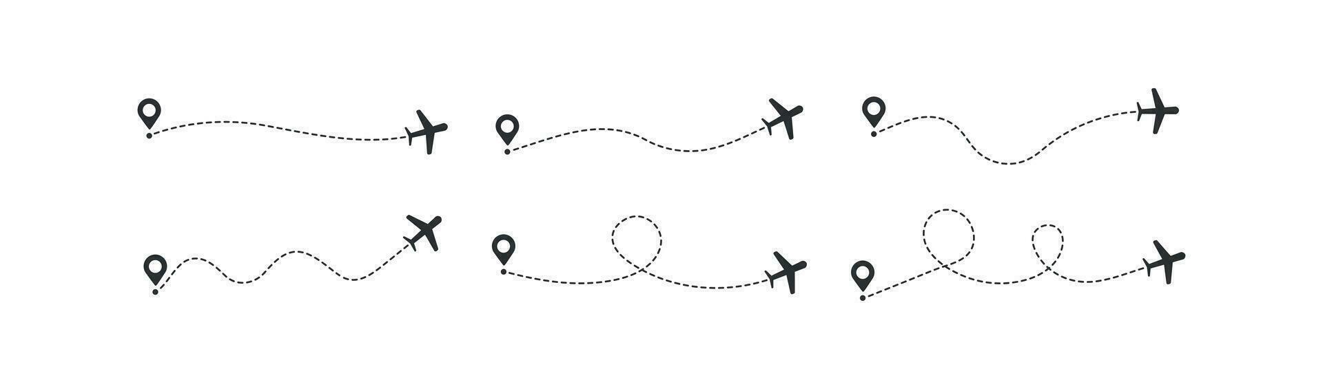 Plane route icon set. Airplane path vector