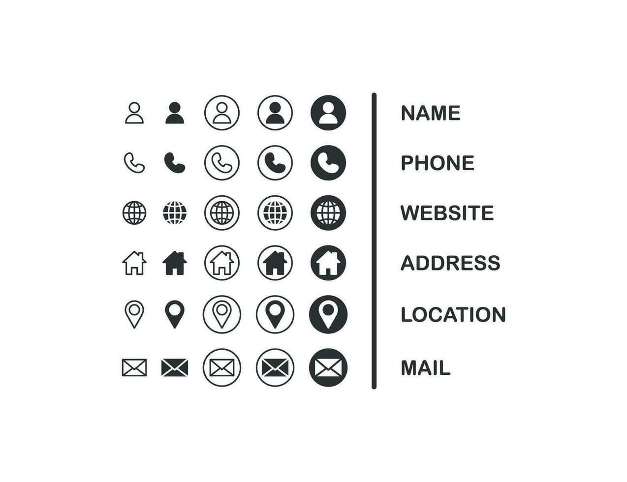 Name, phone, website, address location, mail icon set. Company connection business card vector