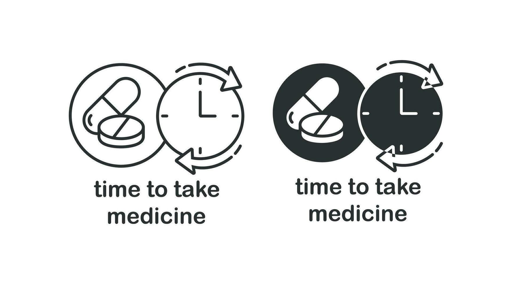 Time to take medicine icon. Time to take pills illustration symbol. Sign pills and clock vector