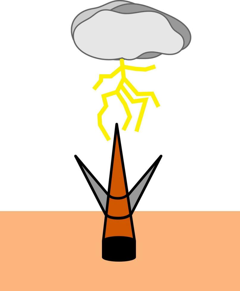 Vector illustration of lightning striking a lightning rod, clouds, cartoon style.